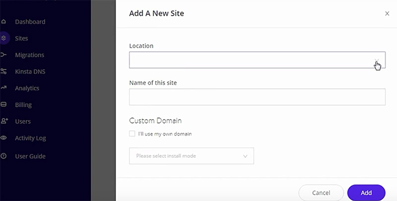 kinsta - add a new site